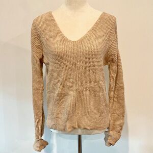 If It Were Me Anthropologie Beige V Neck Waffle Knit Pullover Sweater Top